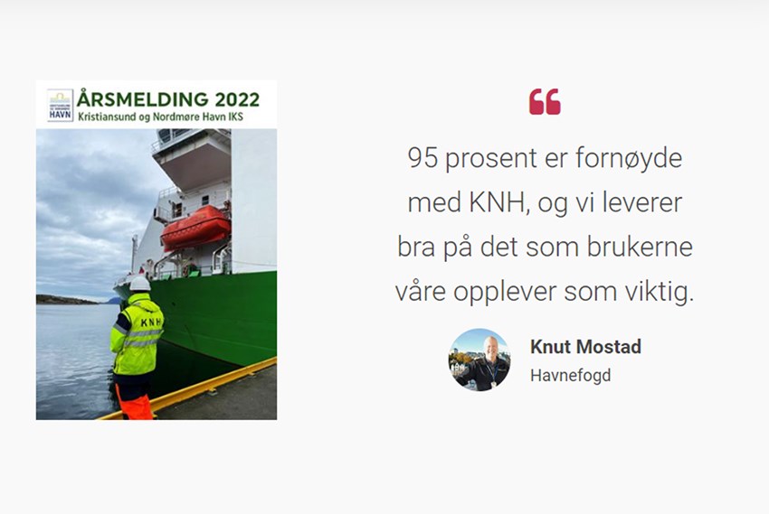 Kollasje. Forside på årsmelding 2022 og sitat fra havnefogd Knut Mostad. Bildekollasje.